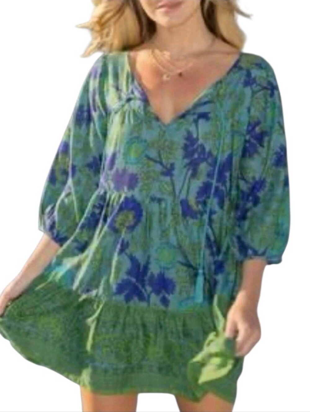 Natural Life tunic dresS purple green floral pattern charming tassels Sz XS